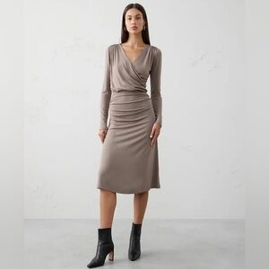 Banana Republic Taupe Wrap-Style Long Sleeve Midi Dress